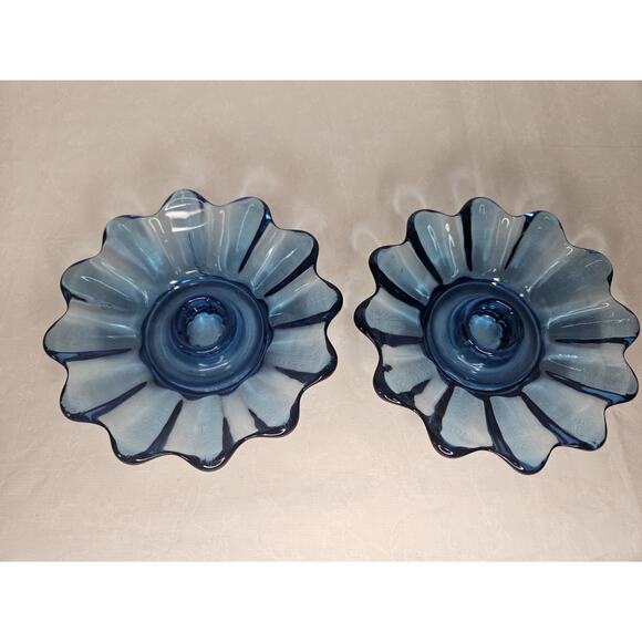 Vintage Federal Glass Candle Holders PAIR Celestial Ribbed Blue Glass 5 3/8" Art - Picture 2 of 8